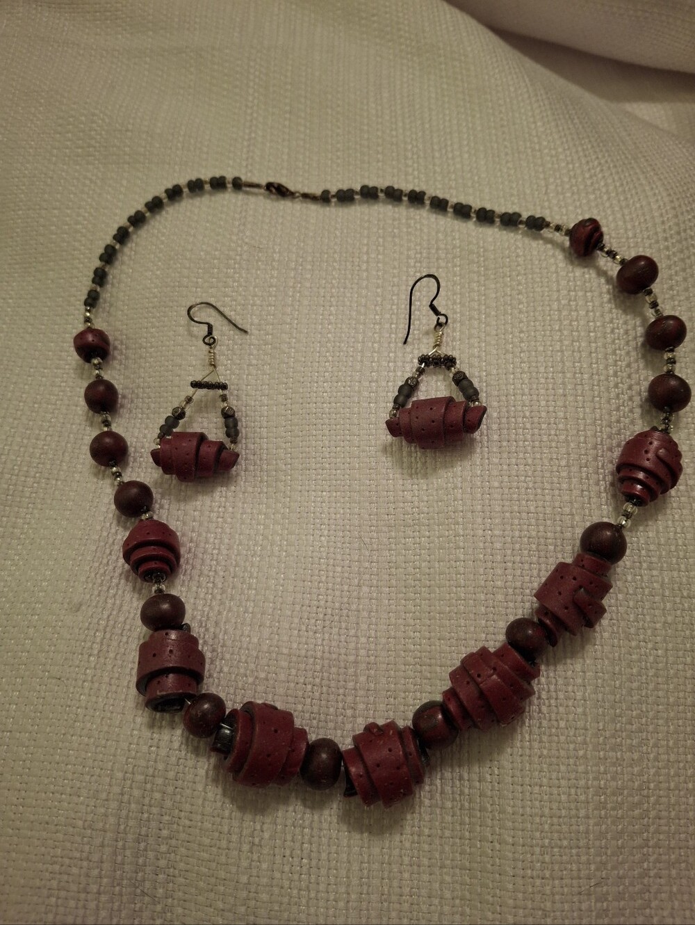 Handcrafted Burgundy Leather Necklace & Earrings Set